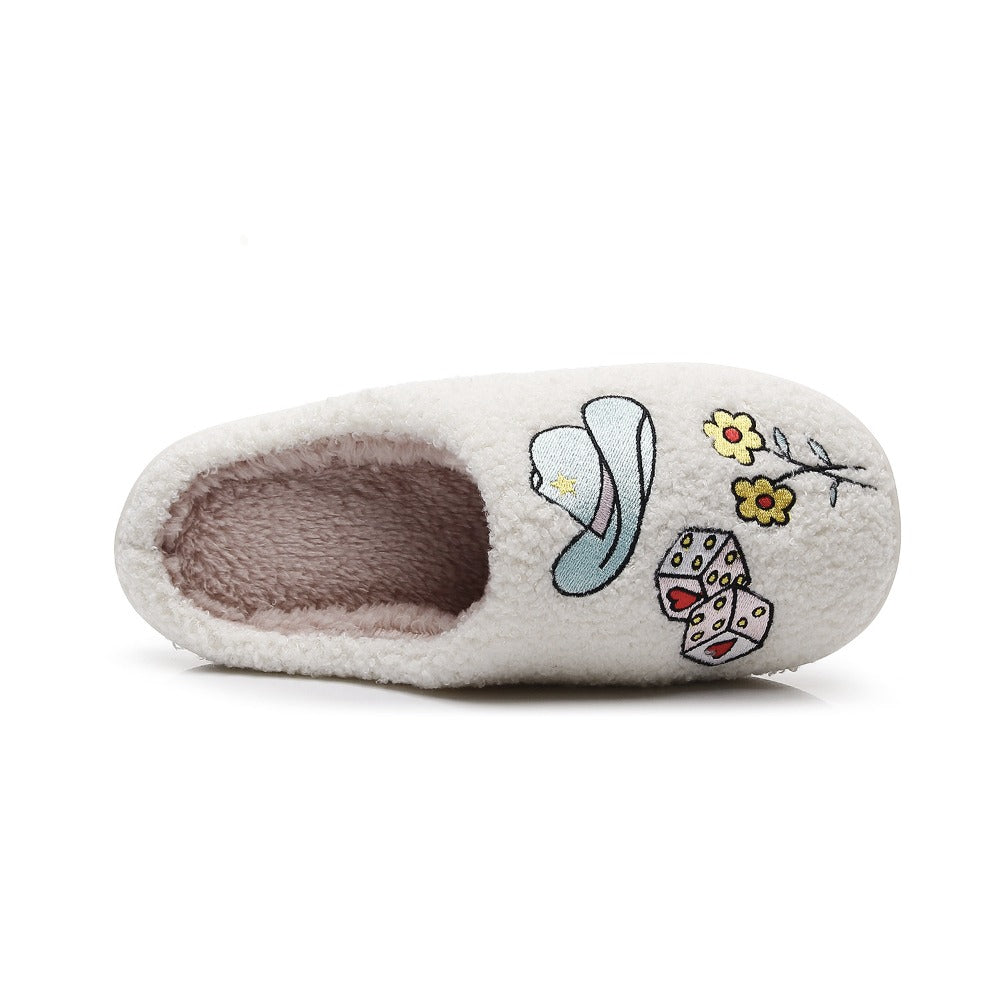 A Pair of Ladies Color Matching Simple Fashion Casual New Cartoon Embroidery Anti-slip Warm Slippers in Autumn and Winter, Women Shoes