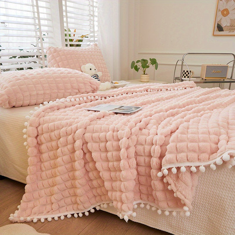 High-grade Solid Color Checkered Blanket, Tassel Ball Decorative Blanket, Suitable for Bedroom Blanket, Sofa Blanket. A Variety of Sizes Are Available, a Good Choice for Holiday Gifts