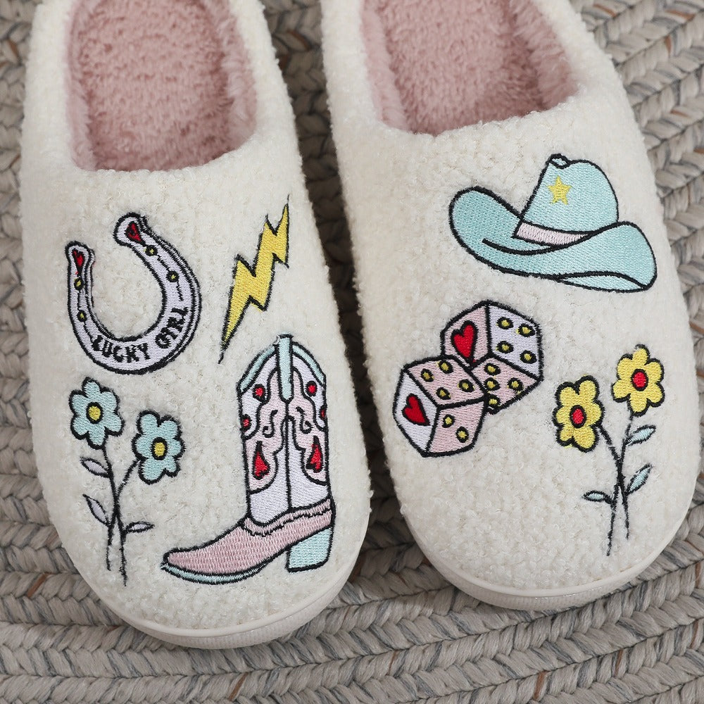 A Pair of Ladies Color Matching Simple Fashion Autumn and Winter Leisure New Embroidered Anti-slip Warm Slippers, Women Shoes