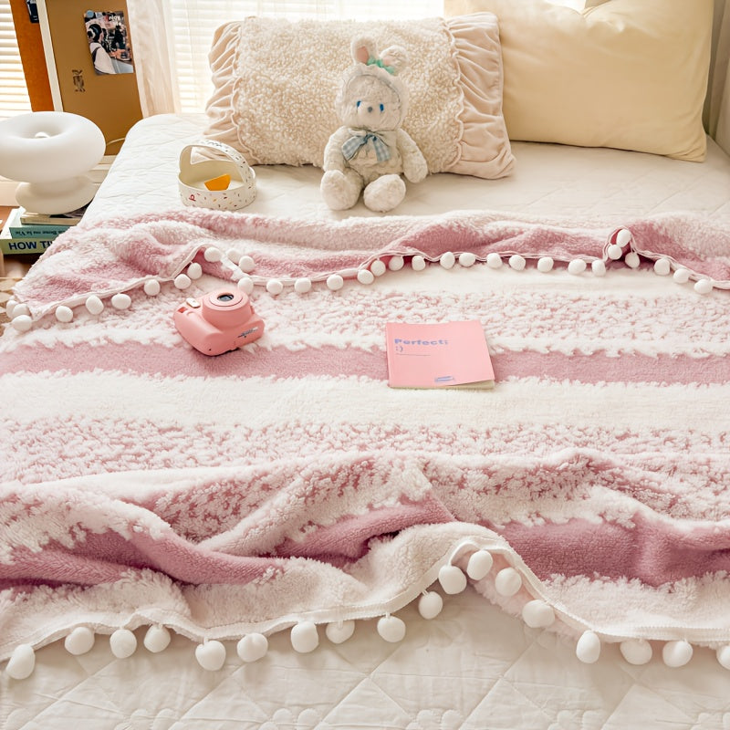 1pc Double-Color Jacquard Star Fleece Blanket with Pom-Poms - Soft Breathable All-Season Bedspread, Geometric Pattern in Mixed Colors, Machine Washable Cottage Style Home Decor & Holiday Gift, Blanket for Bed, Cozy Bedroom Accessory