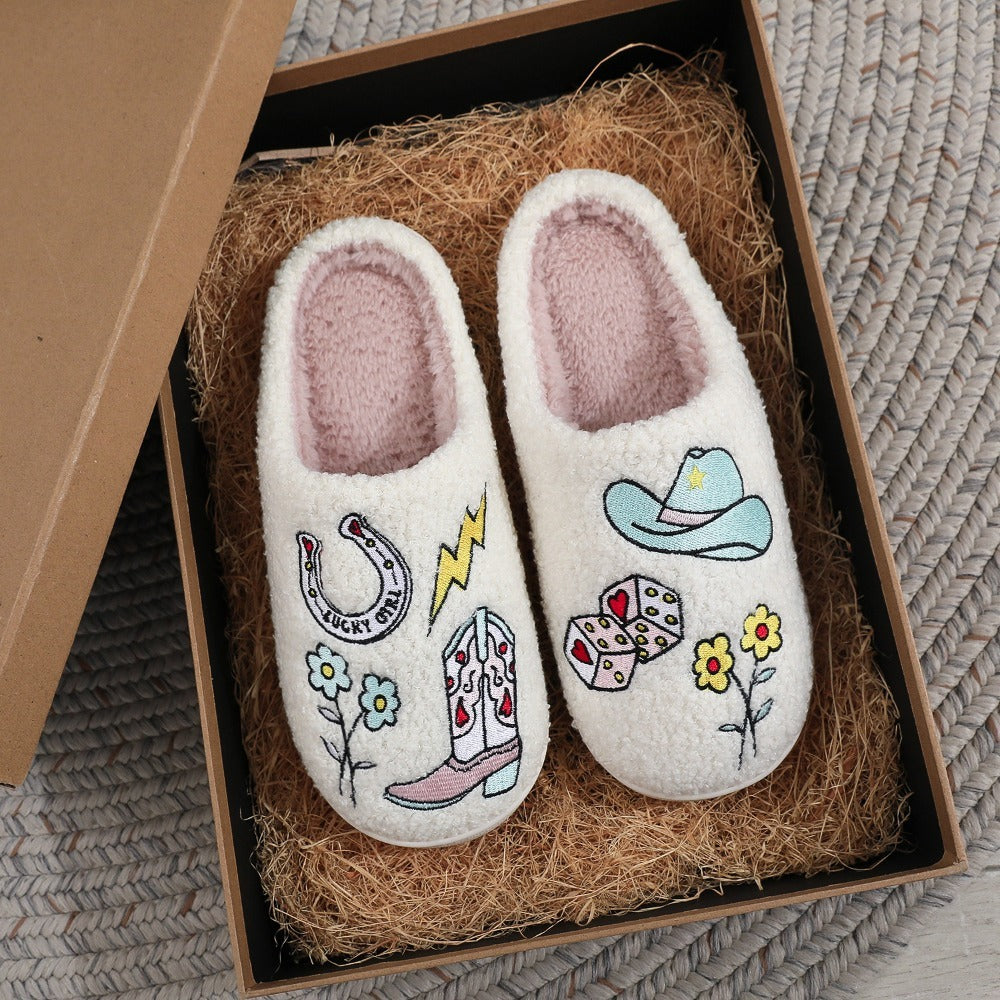 A Pair of Ladies Color Matching Simple Fashion Autumn and Winter Leisure New Embroidered Anti-slip Warm Slippers, Women Shoes