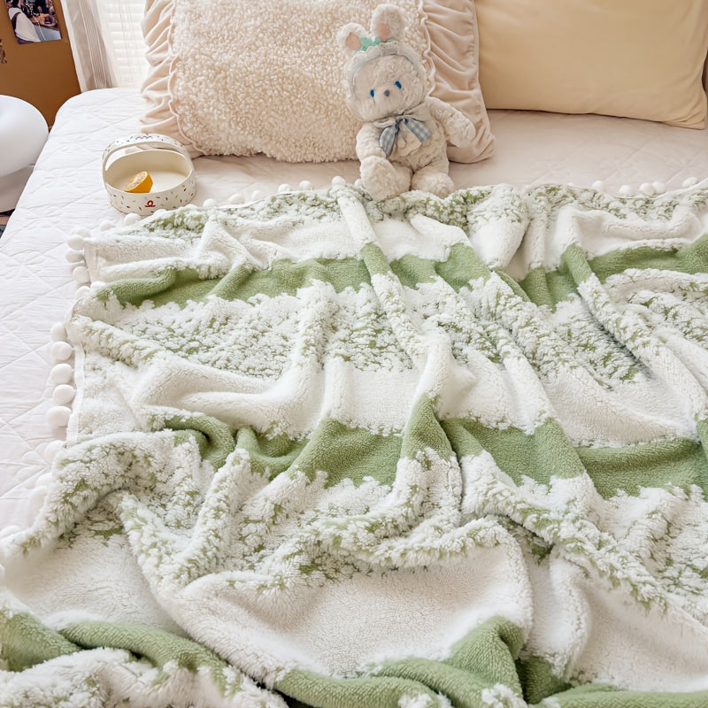 1pc Double-Color Jacquard Star Fleece Blanket with Pom-Poms - Soft Breathable All-Season Bedspread, Geometric Pattern in Mixed Colors, Machine Washable Cottage Style Home Decor & Holiday Gift, Blanket for Bed, Cozy Bedroom Accessory