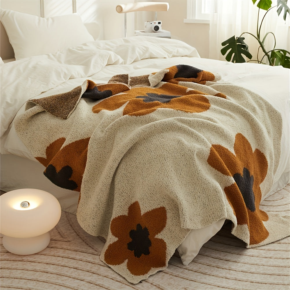 1pc Nordic Flower Pattern Knitted Blanket, Air Conditioning Blanket Warm Cozy Soft Throw Blanket For Couch Bed Sofa