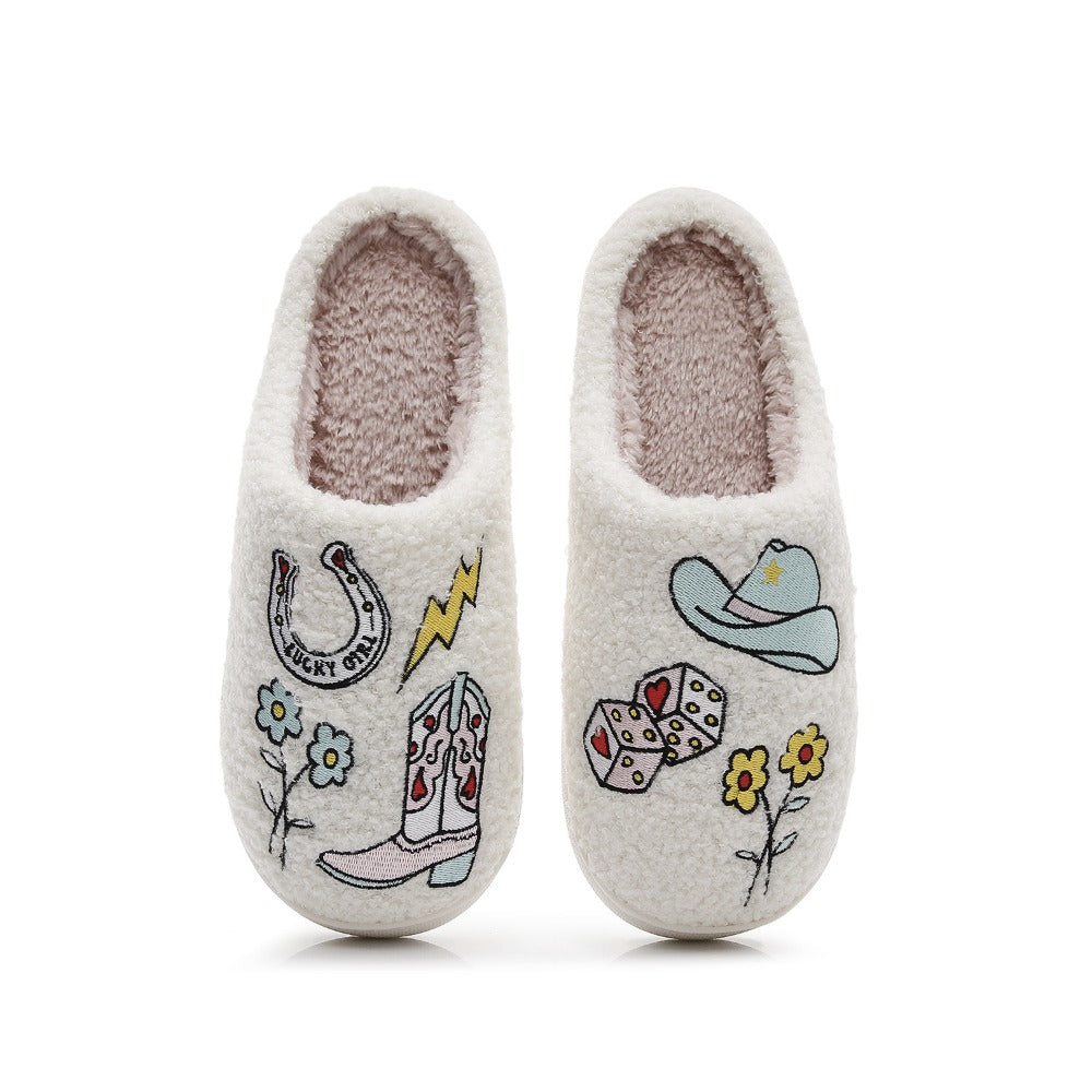 A Pair of Ladies Color Matching Simple Fashion Casual New Cartoon Embroidery Anti-slip Warm Slippers in Autumn and Winter, Women Shoes