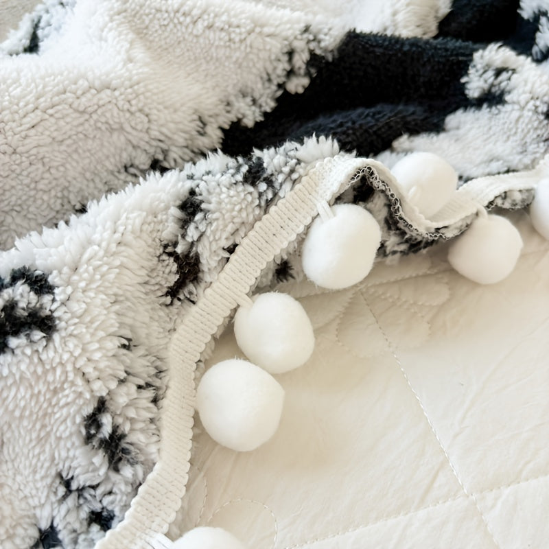 1pc Double-Color Jacquard Star Fleece Blanket with Pom-Poms - Soft Breathable All-Season Bedspread, Geometric Pattern in Mixed Colors, Machine Washable Cottage Style Home Decor & Holiday Gift, Blanket for Bed, Cozy Bedroom Accessory