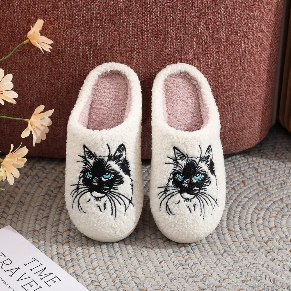 A Pair of Ladies Color Matching Simple Fashion Casual New Black Cat Embroidered Anti-slip Warm Slippers in Autumn and Winter., Women Shoes