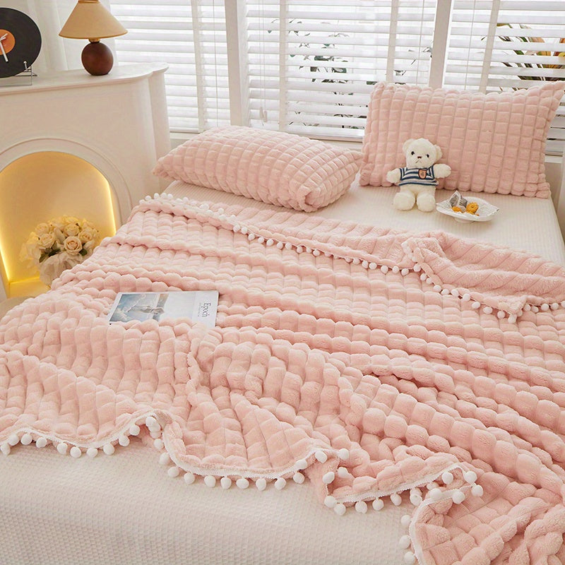 High-grade Solid Color Checkered Blanket, Tassel Ball Decorative Blanket, Suitable for Bedroom Blanket, Sofa Blanket. A Variety of Sizes Are Available, a Good Choice for Holiday Gifts