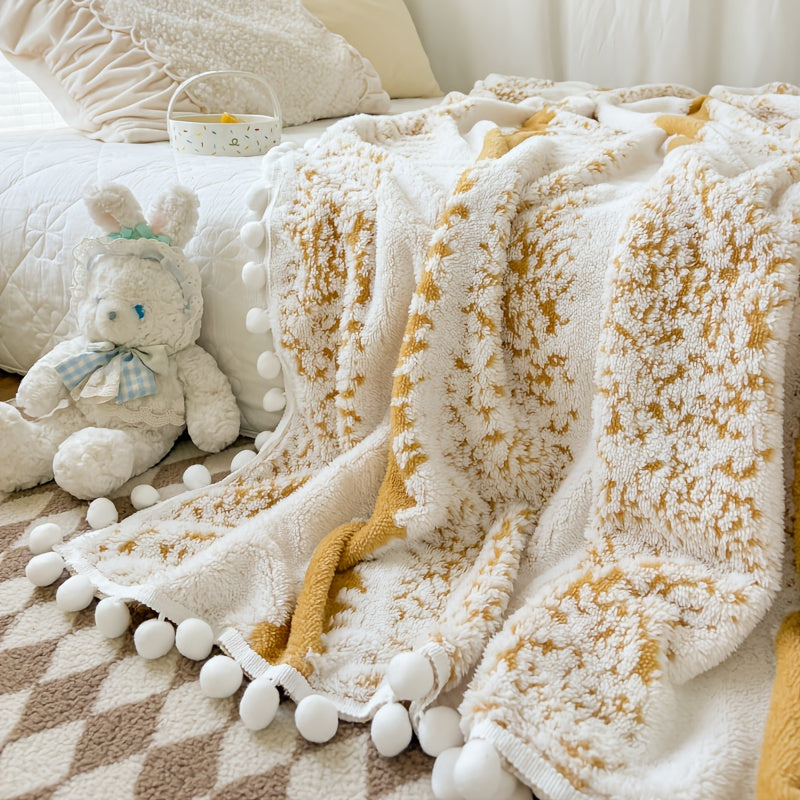 1pc Double-Color Jacquard Star Fleece Blanket with Pom-Poms - Soft Breathable All-Season Bedspread, Geometric Pattern in Mixed Colors, Machine Washable Cottage Style Home Decor & Holiday Gift, Blanket for Bed, Cozy Bedroom Accessory