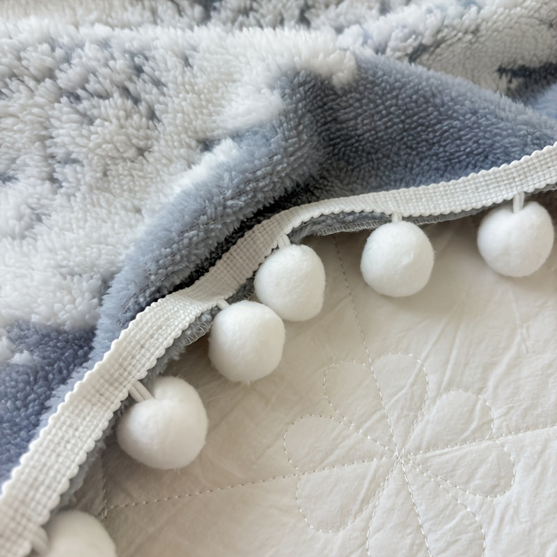 1pc Double-Color Jacquard Star Fleece Blanket with Pom-Poms - Soft Breathable All-Season Bedspread, Geometric Pattern in Mixed Colors, Machine Washable Cottage Style Home Decor & Holiday Gift, Blanket for Bed, Cozy Bedroom Accessory