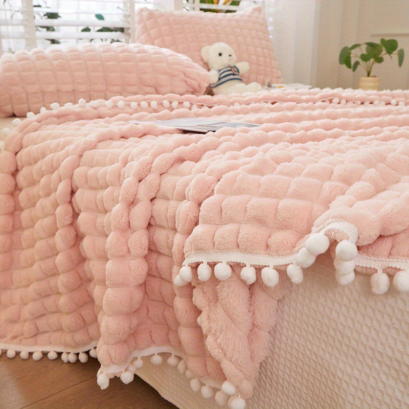 High-grade Solid Color Checkered Blanket, Tassel Ball Decorative Blanket, Suitable for Bedroom Blanket, Sofa Blanket. A Variety of Sizes Are Available, a Good Choice for Holiday Gifts