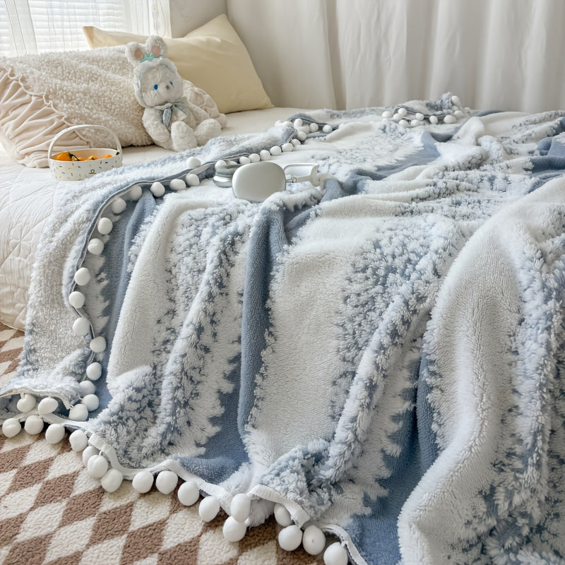 1pc Double-Color Jacquard Star Fleece Blanket with Pom-Poms - Soft Breathable All-Season Bedspread, Geometric Pattern in Mixed Colors, Machine Washable Cottage Style Home Decor & Holiday Gift, Blanket for Bed, Cozy Bedroom Accessory