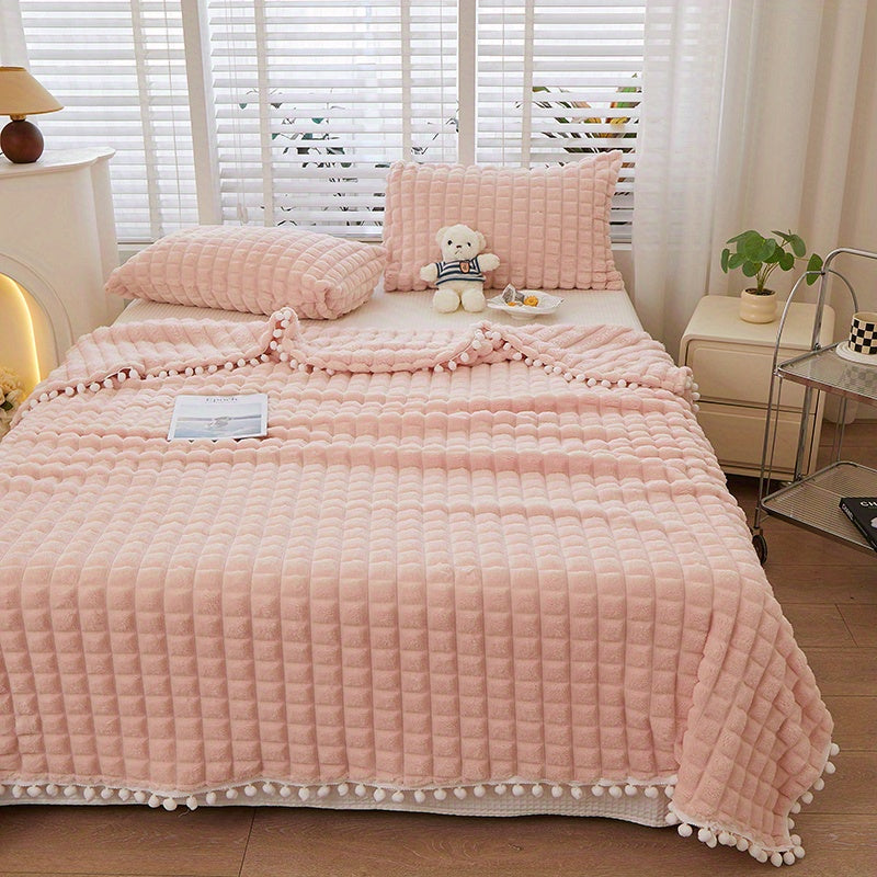 High-grade Solid Color Checkered Blanket, Tassel Ball Decorative Blanket, Suitable for Bedroom Blanket, Sofa Blanket. A Variety of Sizes Are Available, a Good Choice for Holiday Gifts