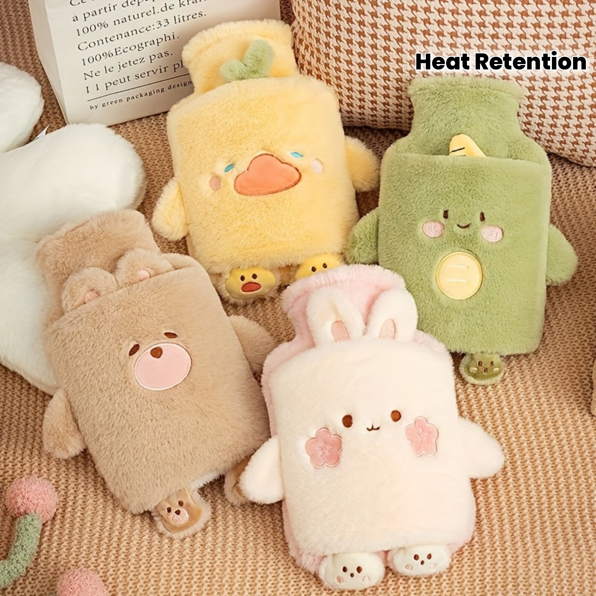 Warm Water Bottle 1000ml Warm Water Bottle | Cute Plush Animal Design, PVC Inner Liner, Removable and Portable Menstrual Warming Bag for Hands and Feet, Fast Heating and Long-lasting Heat Retention