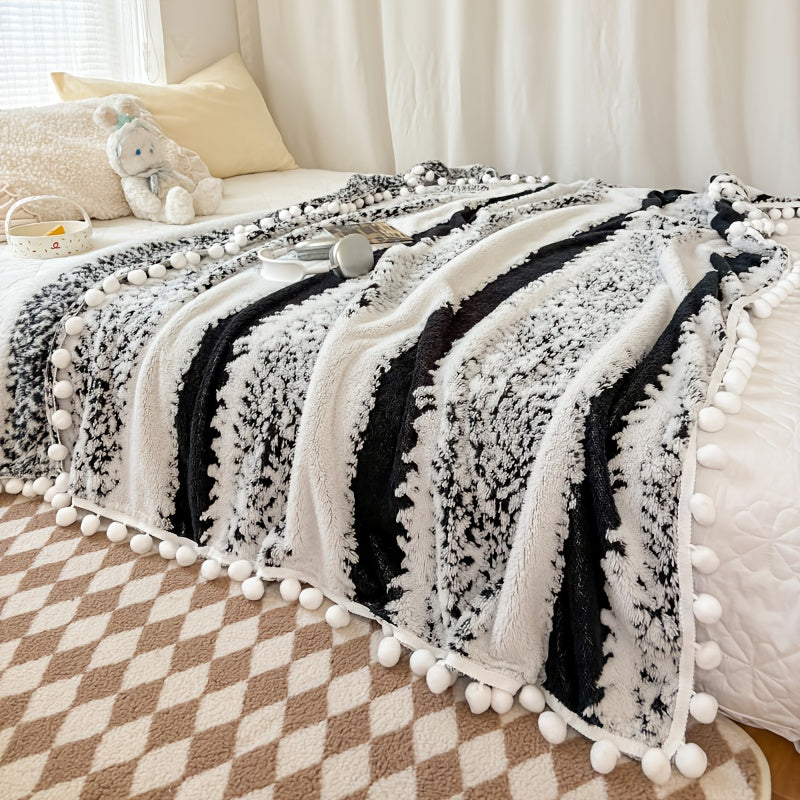 1pc Double-Color Jacquard Star Fleece Blanket with Pom-Poms - Soft Breathable All-Season Bedspread, Geometric Pattern in Mixed Colors, Machine Washable Cottage Style Home Decor & Holiday Gift, Blanket for Bed, Cozy Bedroom Accessory