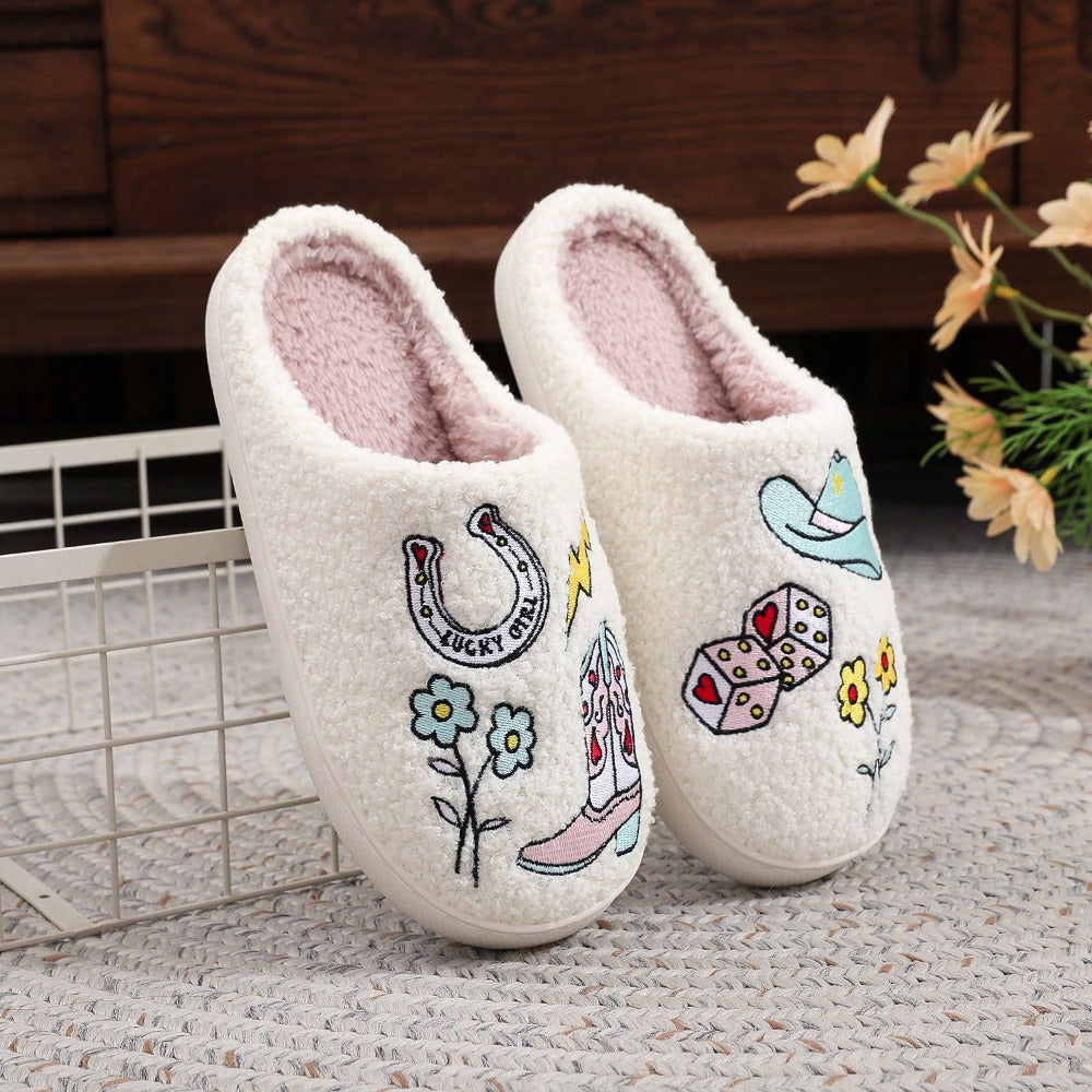 A Pair of Ladies Color Matching Simple Fashion Autumn and Winter Leisure New Embroidered Anti-slip Warm Slippers, Women Shoes