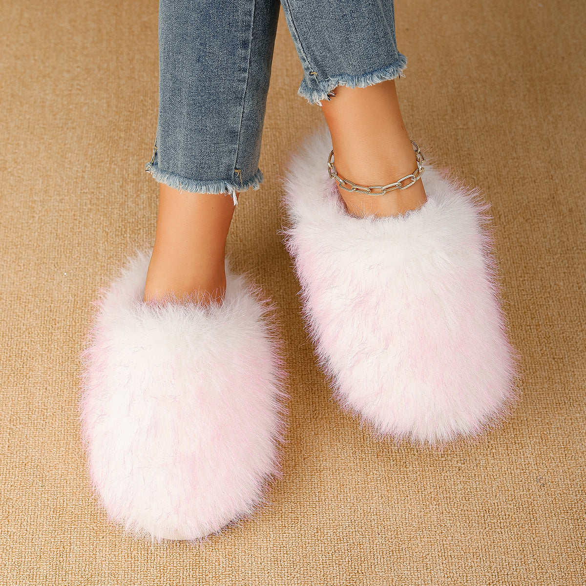 Fluffy Slippers for Women, Long Furry Warm Slippers, Non-Slip Home Thick Slippers