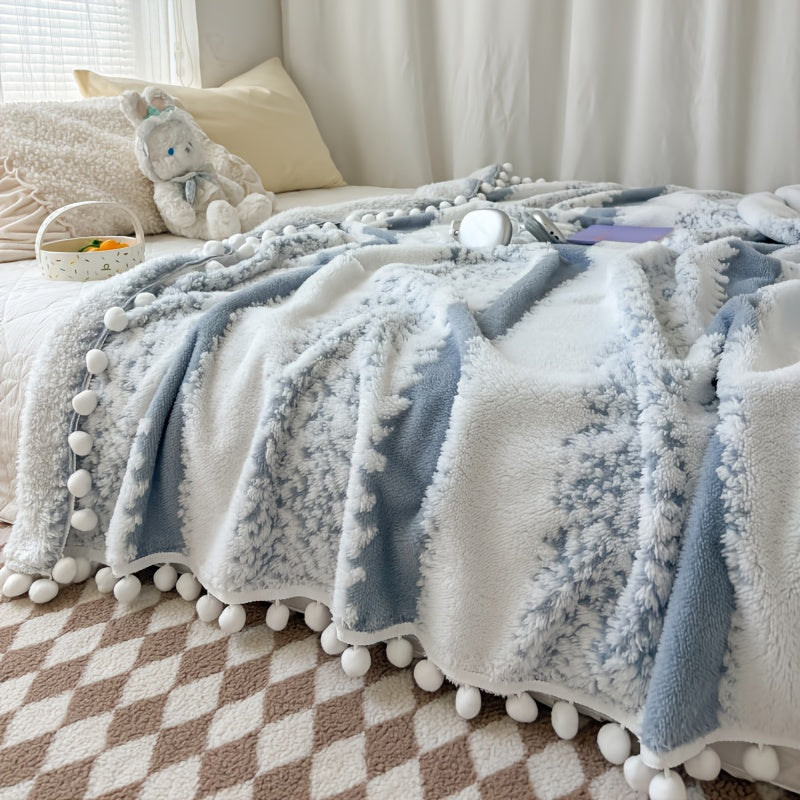 1pc Double-Color Jacquard Star Fleece Blanket with Pom-Poms - Soft Breathable All-Season Bedspread, Geometric Pattern in Mixed Colors, Machine Washable Cottage Style Home Decor & Holiday Gift, Blanket for Bed, Cozy Bedroom Accessory
