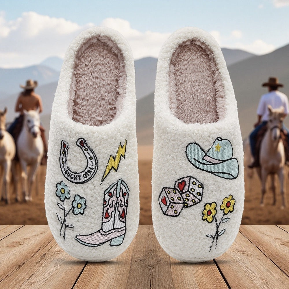 A Pair of Ladies Color Matching Simple Fashion Casual New Cartoon Embroidery Anti-slip Warm Slippers in Autumn and Winter, Women Shoes