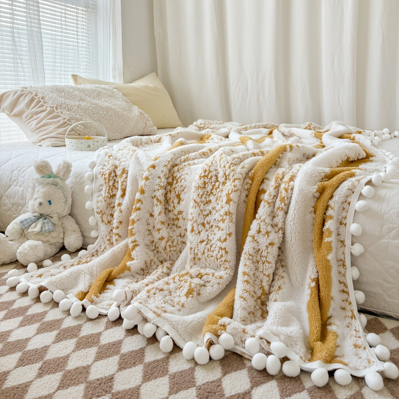 1pc Double-Color Jacquard Star Fleece Blanket with Pom-Poms - Soft Breathable All-Season Bedspread, Geometric Pattern in Mixed Colors, Machine Washable Cottage Style Home Decor & Holiday Gift, Blanket for Bed, Cozy Bedroom Accessory