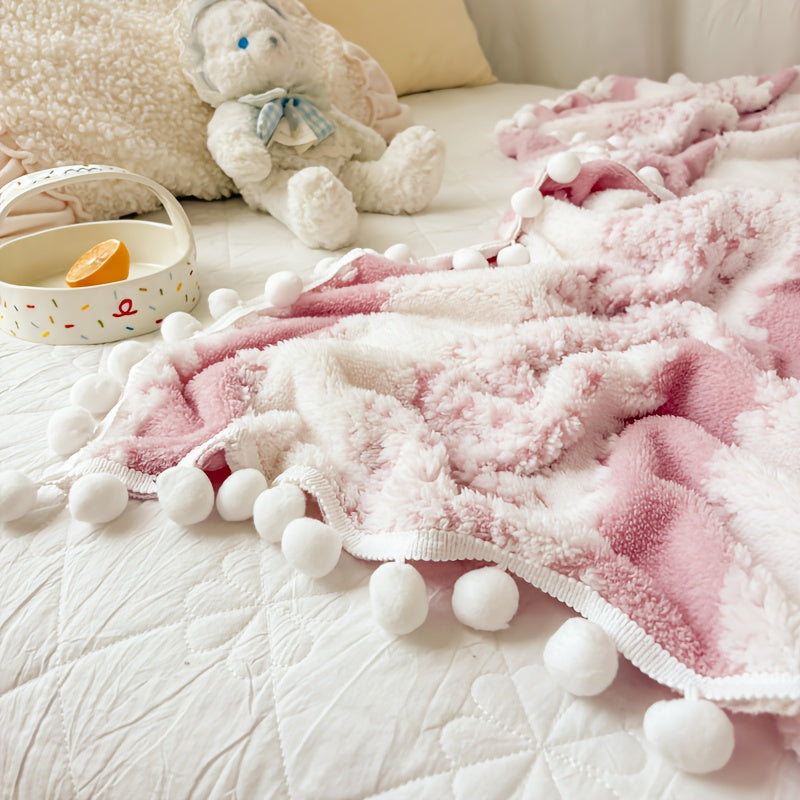 1pc Double-Color Jacquard Star Fleece Blanket with Pom-Poms - Soft Breathable All-Season Bedspread, Geometric Pattern in Mixed Colors, Machine Washable Cottage Style Home Decor & Holiday Gift, Blanket for Bed, Cozy Bedroom Accessory