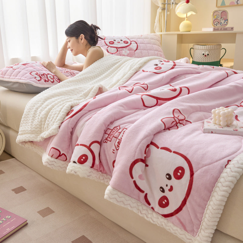 Thickened Warm Blanket 1pc Thickened Warm Blanket | Winter Three-Layer Milk Velvet Beibei Velvet | Office Nap Car Travel Small Blanket | Autumn And Winter Composite Blanket Good Home Partner