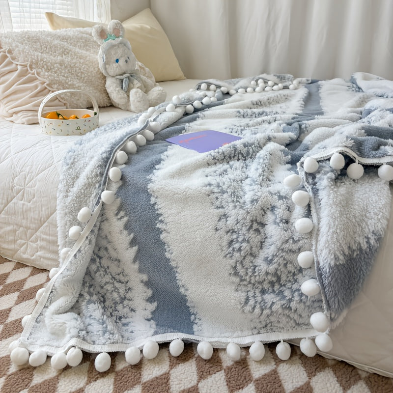 1pc Double-Color Jacquard Star Fleece Blanket with Pom-Poms - Soft Breathable All-Season Bedspread, Geometric Pattern in Mixed Colors, Machine Washable Cottage Style Home Decor & Holiday Gift, Blanket for Bed, Cozy Bedroom Accessory
