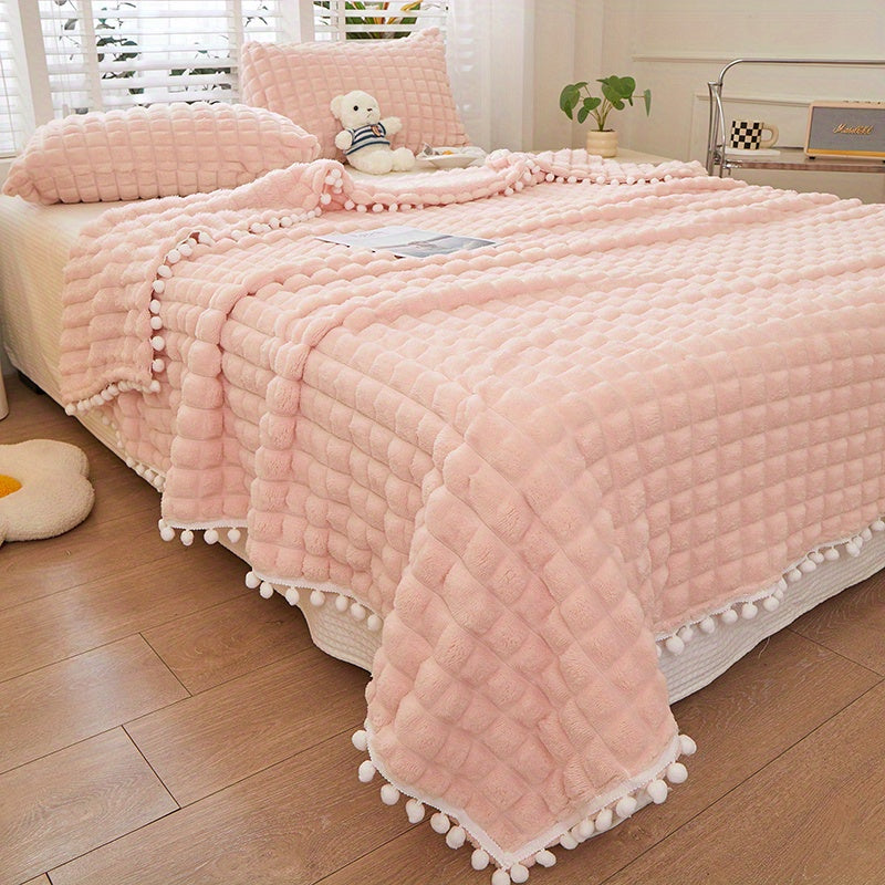 High-grade Solid Color Checkered Blanket, Tassel Ball Decorative Blanket, Suitable for Bedroom Blanket, Sofa Blanket. A Variety of Sizes Are Available, a Good Choice for Holiday Gifts