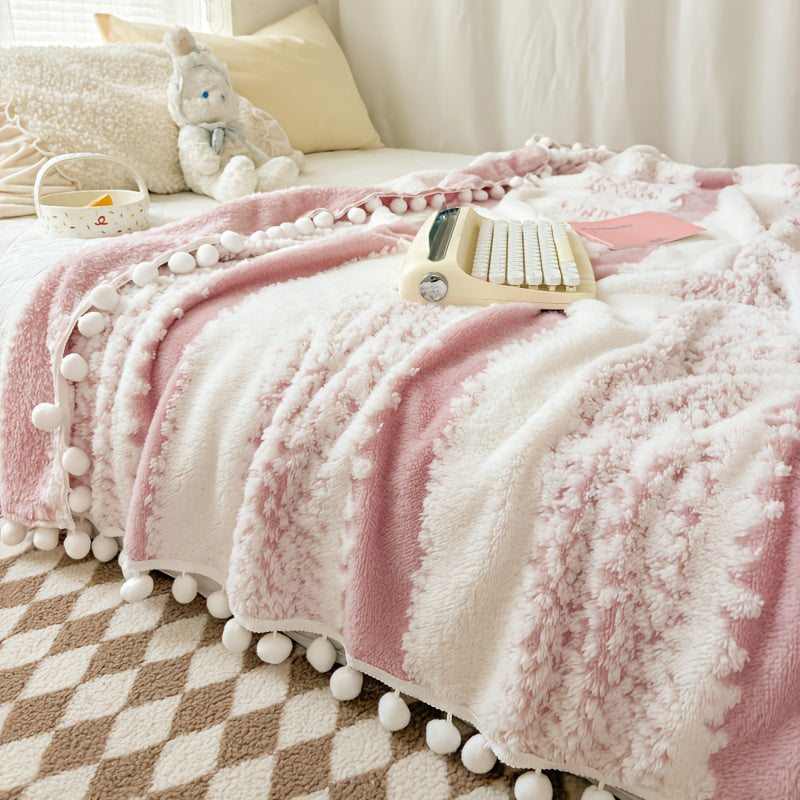 1pc Double-Color Jacquard Star Fleece Blanket with Pom-Poms - Soft Breathable All-Season Bedspread, Geometric Pattern in Mixed Colors, Machine Washable Cottage Style Home Decor & Holiday Gift, Blanket for Bed, Cozy Bedroom Accessory