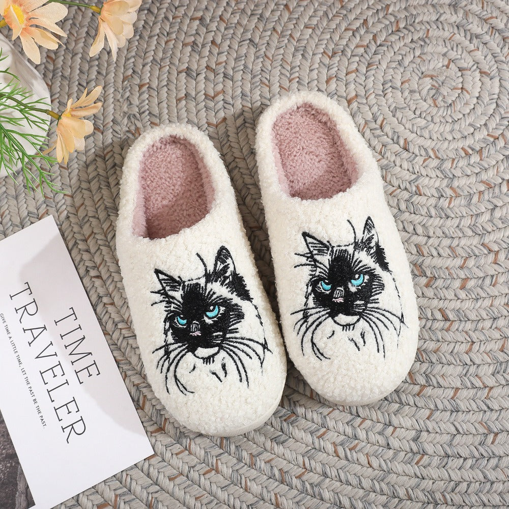 A Pair of Ladies Color Matching Simple Fashion Casual New Black Cat Embroidered Anti-slip Warm Slippers in Autumn and Winter., Women Shoes