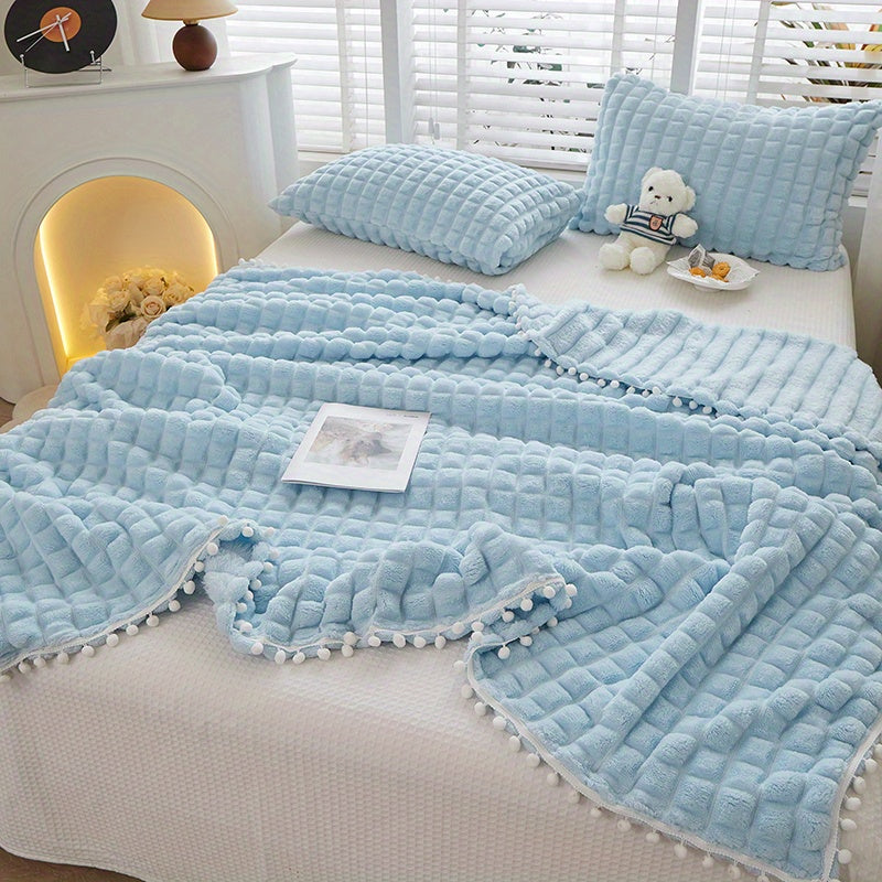 High-grade Solid Color Checkered Blanket, Tassel Ball Decorative Blanket, Suitable for Bedroom Blanket, Sofa Blanket. A Variety of Sizes Are Available, a Good Choice for Holiday Gifts